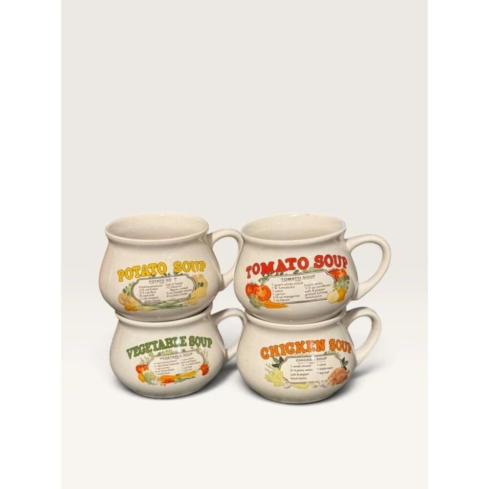 Vintage Dat'l Do It Inc Recipe Soup Mugs Set of 4 - Tomato Potato Veggie Chicken